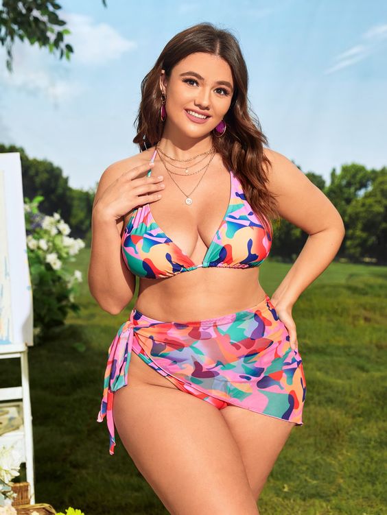 tropical-print tie-back plus size bikini