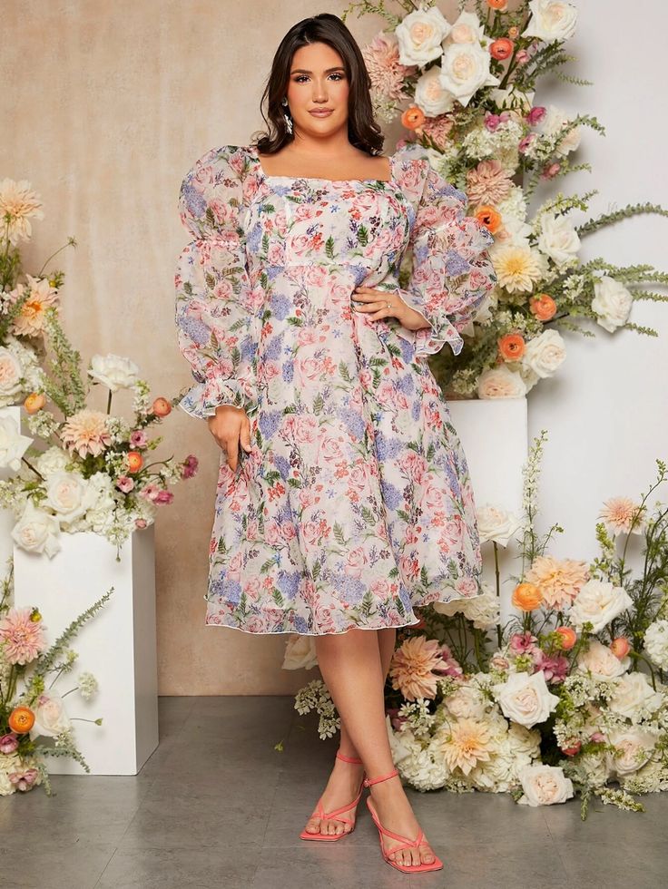 Shein Plus Size Floral Print Mesh Overlay Dress Shein Plus Size Floral Print Mesh Overlay Dress