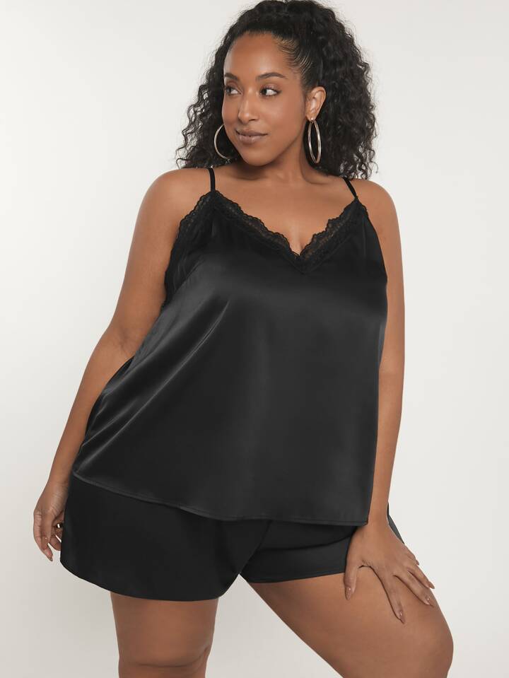 Shein Plus Size Lace Trim Satin Cami Top Shein Plus Size Lace Trim Satin Cami Top