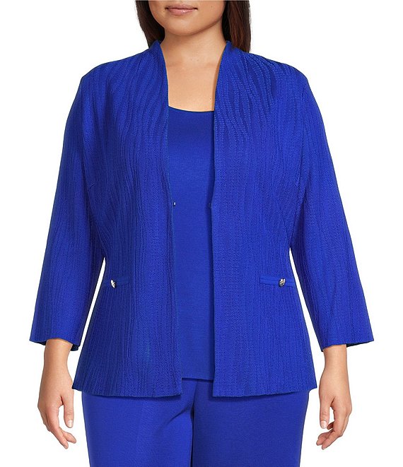Ming Wang Plus Size Textured Wave Knit Mandarin Collar Jacket